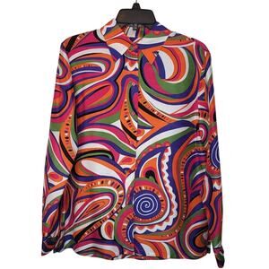 c.l.o.t.h.e.s Psychedelic 60's Style Silk Button Up Long Sleeve Blouse Size L